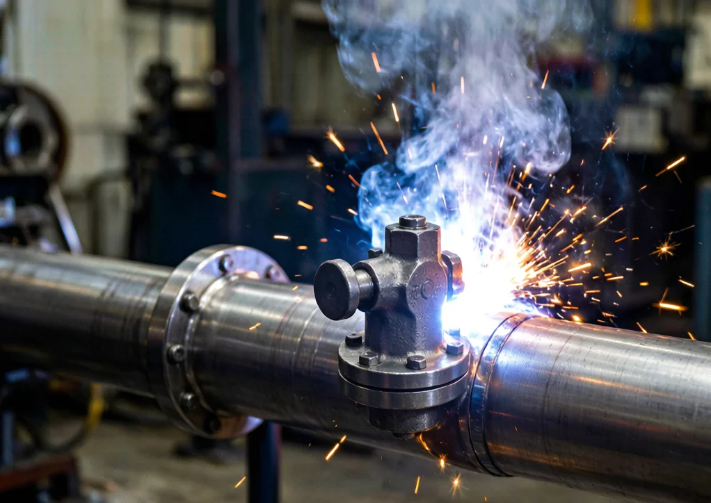 Technician welding a small-bore forged steel valve into a stainless steel pipeline in a workshop